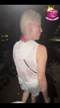 Late Night Stroll with My Locked Chastity Subs Caged Cock Exposed and on a Leash