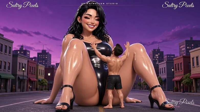 Sultry Pixels 3D: Змащена маслом велетень на високих підборах височіє над крихітним чоловіком - над тобою спускається гігантська підошва