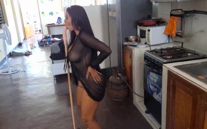 Lady: Incredible - Beautiful Stepmother Masturbates in the Kitchen with a Broomstick