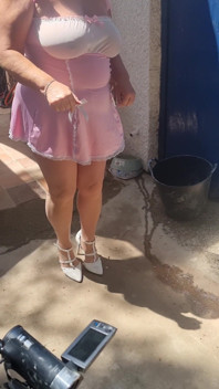 Outdoor Piss Slut in Pink Babydoll & Tan Tights. I Piss Hard While Walking Then Sitting, Soaking My Tights and White Stilettos.