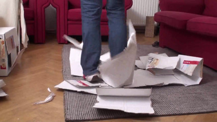 Foot Girls: Trampling boxes in the living room