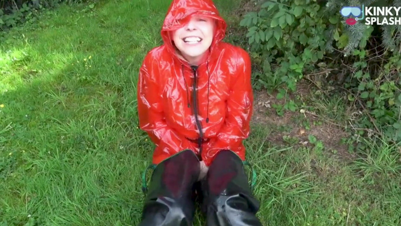 UKCuteGirl Lucy Lauren: Shiny Pvc Rain Suit Garden Tease