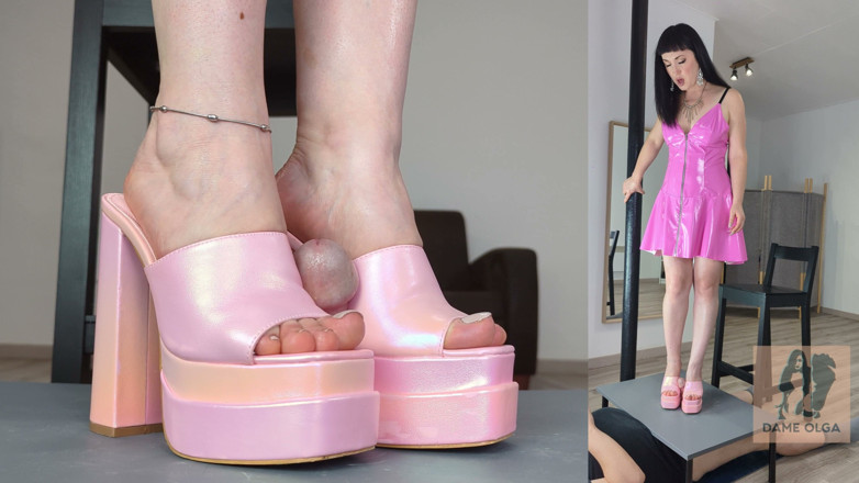 Dame Olga: Shoejob &amp; Cum on Pink Block Heel Mules Under Cock Table -...