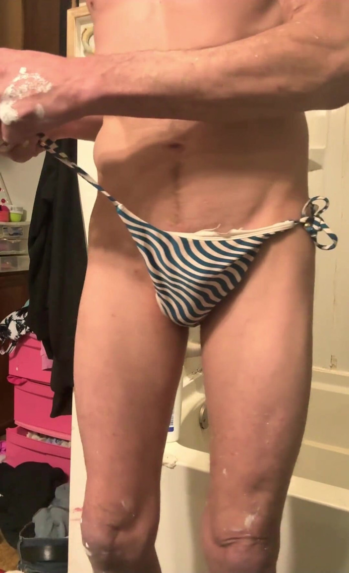 Feeling sexy today crosdressing: Cdmichelle Wearing Blue &amp; White Bikini