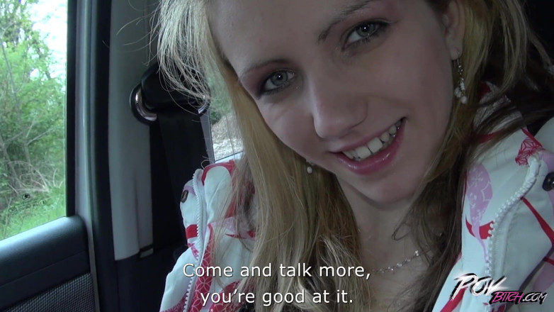 POV Bitch: Petite skinny blonde teen suck cock under steering wheel and...