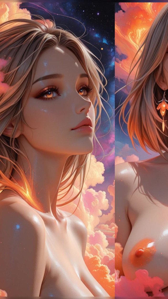 VelvetInk Studio: Kosmisk neongudinna naken skönhetsporträtt med strålande Cyber moln Ai Art...