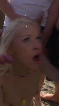 Adorable slut fucked on the pier with many cocks