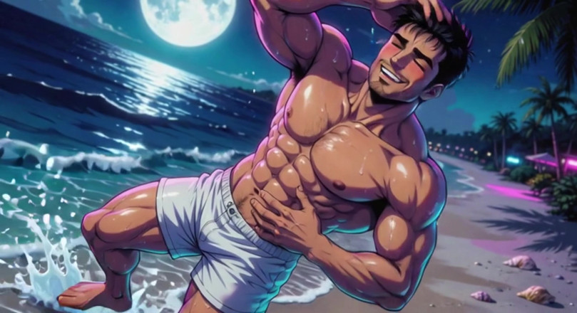 Erotic Man: 해변의 Ai 근육 덩어리