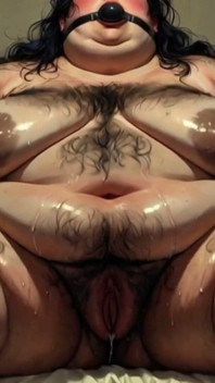 본디지에서 재갈을 묶은 뚱뚱한 SSBBW - 젖은 털이 무성한 보지와 섞인 두려움