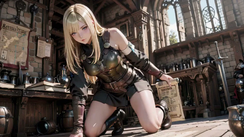 Seraphina Vale: การปลุกตัวเองของ Knight ผมบลอนด์! คุกเข่าในลานปราสาท แสงแดดตีชุดเกราะเย็นๆ ของเธอขณะที่เธอจ้องมองในฝัน