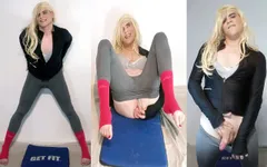 Crossdresser pirang di kelas gym menyentuh dirinya sendiri dengan legging