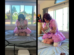 Sissy Candy: Roze satijnen mietje meid berijdt haar sekspopspeeltje terwijl ze op...