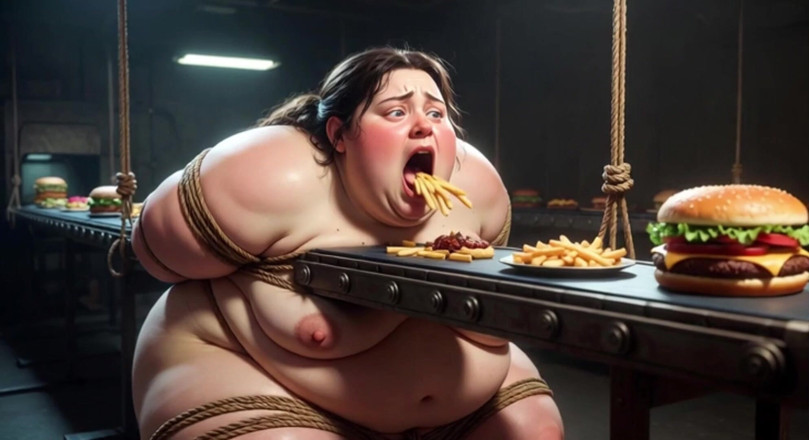YOUR BEST FANTASY: Tied up SSBBW Eats Massive Meal While Kneeling - Belly Stuffing
