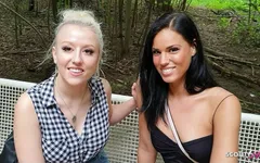 Two Real German Teen Talk to Amateur FFM 3some in Public Park