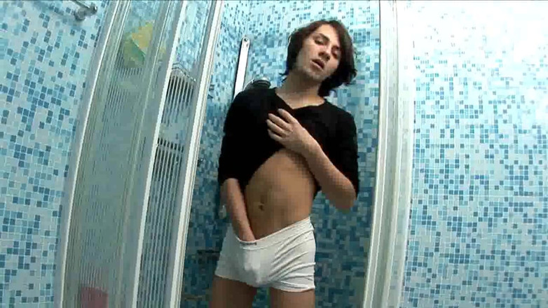 Young straight boy masturbation: Julien plau with dildo under shower