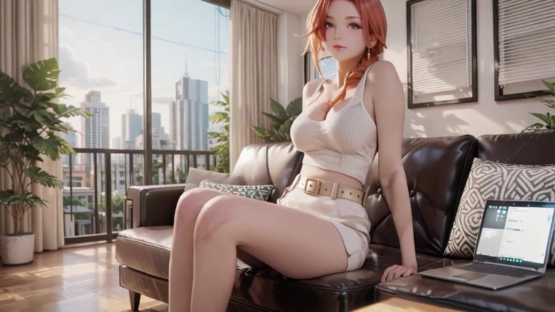 Seraphina Vale: 빨간 머리 비서의 게으른 오후! 소파에서 맨발로, 쉬어 스타킹, 오한에서 젖어!
