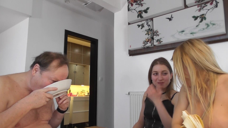 Dirty male dom, femdom, spanking and pegging vids: Disgusting Slave Eats Spitted Food by Two Gorgeous Mistresses