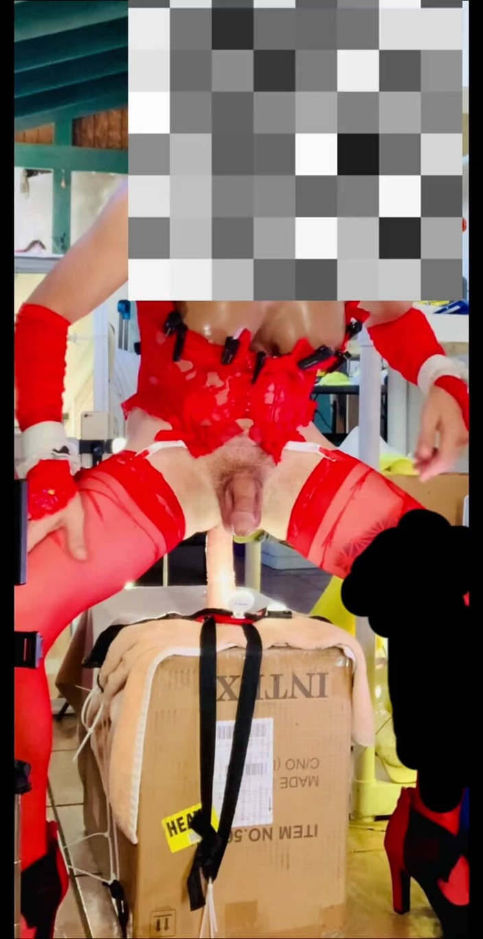 Benito414: Red Lingerie Shemale Riding Big Cock