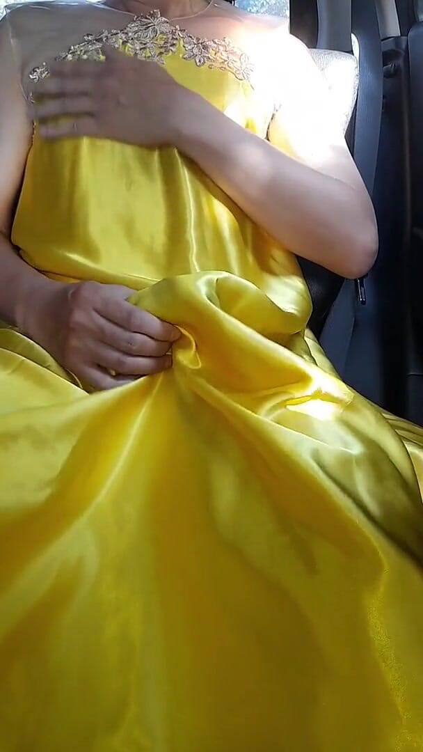 Sexy Crossdresser Masturbating Wearing Yellow Satin Shiny Dress (Naomisinka)