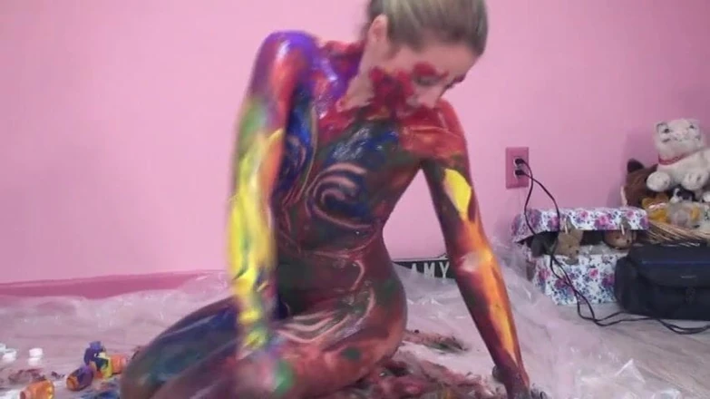 Solo Sensations: Small-titty slut gets messy with paint in room
