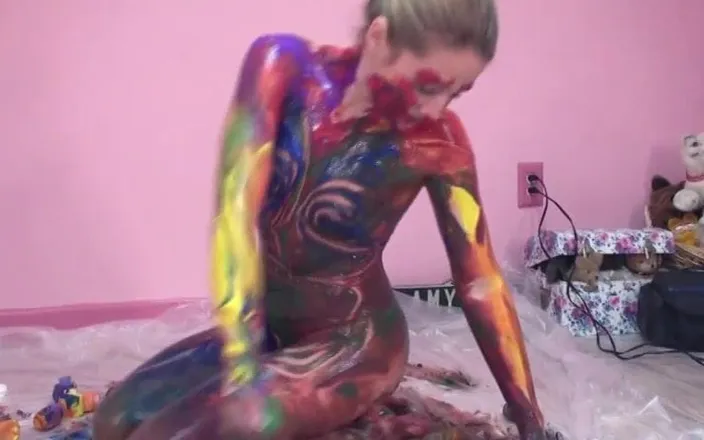 Solo Sensations: Small-titty slut gets messy with paint in room