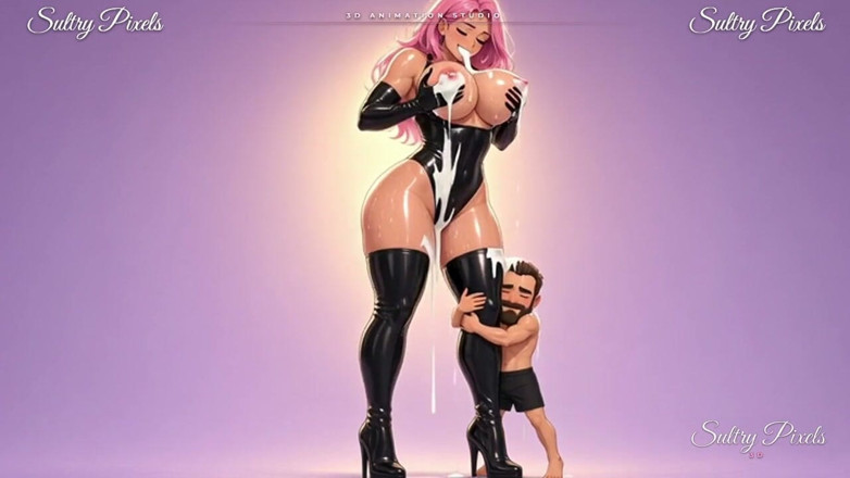 Sultry Pixels 3D: Rosahaarige Anime-latex-riesin drückt milch aus ihren riesigen titten, während ein...