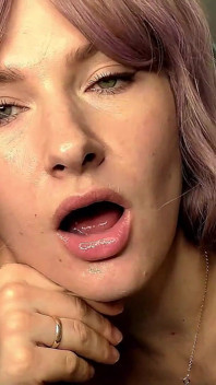 Purple-haired Neighbor Sweetly and Passionately Sucks Neighbor's Cock, Plays with Cum and Swallows Cum
