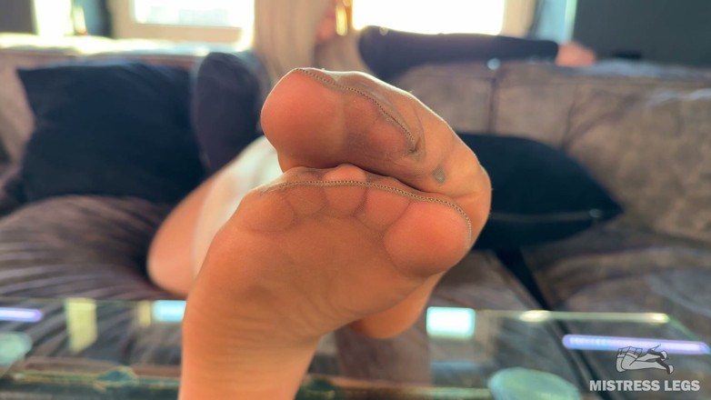 Mistress Legs: My Sunny Pantyhose Soles Teasing You on the Glass Table