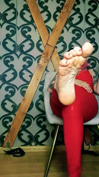 Lady Angela Bare Feet and Sneakers Red Latex Leggings Fetish Femdom