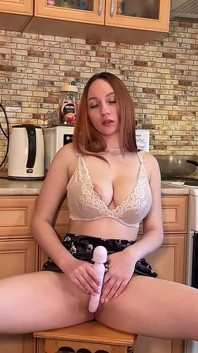 Teenager Fucks Tight Pussy and Vibrates Clit, Orgasms in Kitchen
