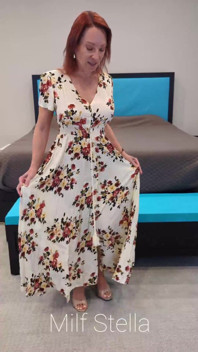 Long Floral Dress, White Toes and Tan Mule Heels Try on