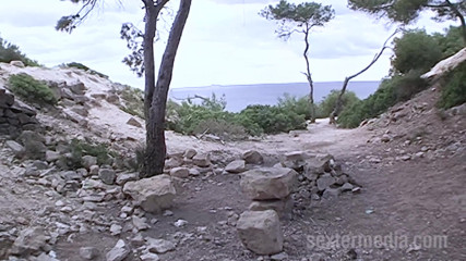 Sextermedia by Pete: Brunette bitch shaving on the beach before fucking in pov