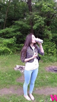 Desperate Brunette Feels Her Bladder so Full She Is in Danger of Pissing in Her Jeans in the Woods