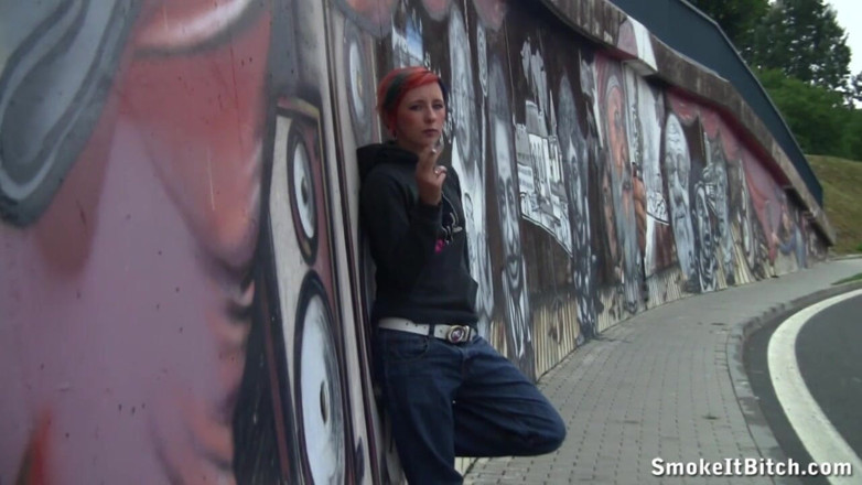 Smoke it bitch: Girl with colored hair &amp; a pierced face smokes a cigar...