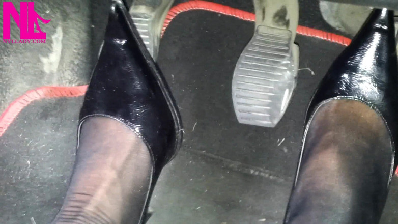 Nyllady: Sexy Speedy Driving in Patent Black Pumps and Seamed Black...