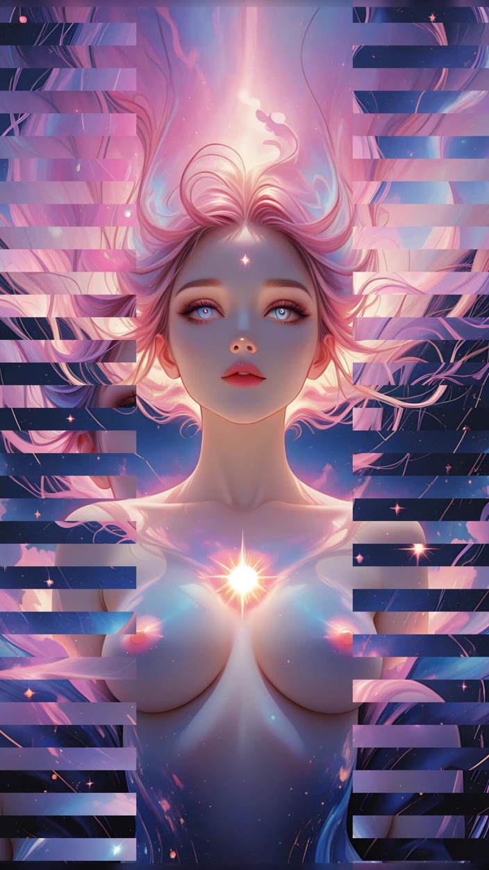 VelvetInk Studio: Zeița visului cosmic femeie goală care plutește în peisajul fantastic suprareal...