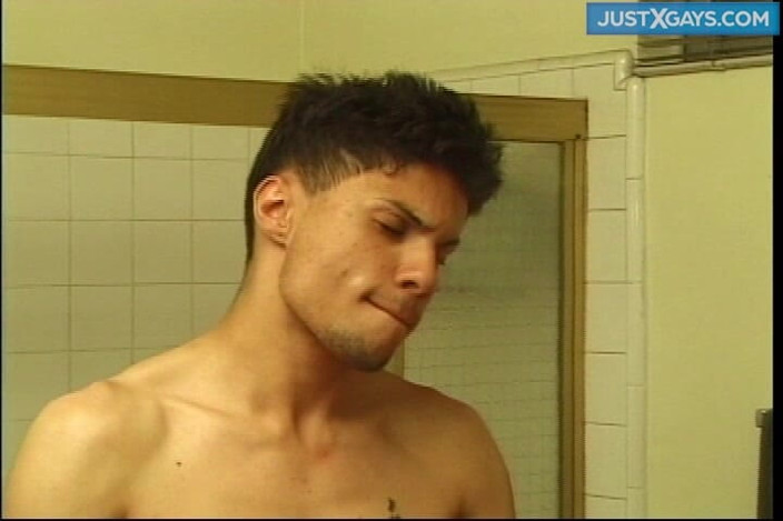 Just X Gays porn: Piss Drenched Bathroom Threesome - Throbbing Cocks Leaking Everywhere
