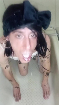 Crossdresser Dirnk Pee and Cum in Hole