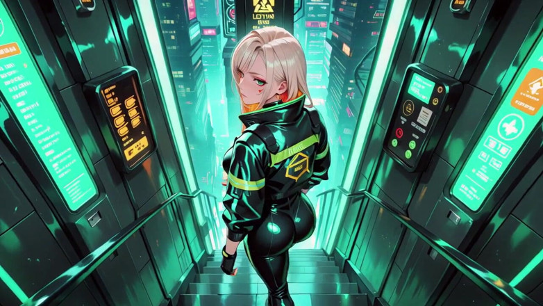 Tay Swift X: Neon regennacht! Blonde agent in nat leren hurkend laag, holografische...
