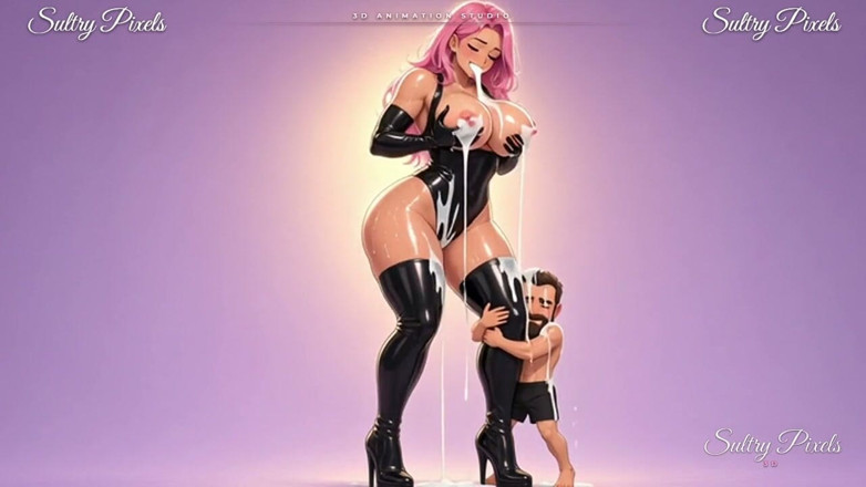 Sultry Pixels 3D: ピンク髪のアニメラテックス巨人が巨大な胸からミルクを絞り出し、小柄な男性が彼女のブーツを抱きしめている