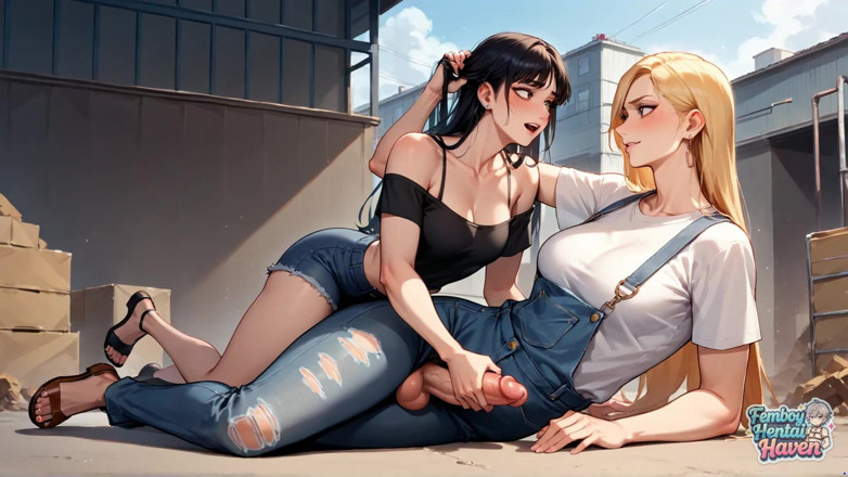 Femboy Hentai Haven: A Muscular, Blue-haired, Transvestite Femboy Knelt on a Sunlit Street,...