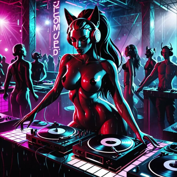 Horny van stevie: Sexy Demoness Dj Dystopian Cyberpunk Club Synthwave House Techno Ai