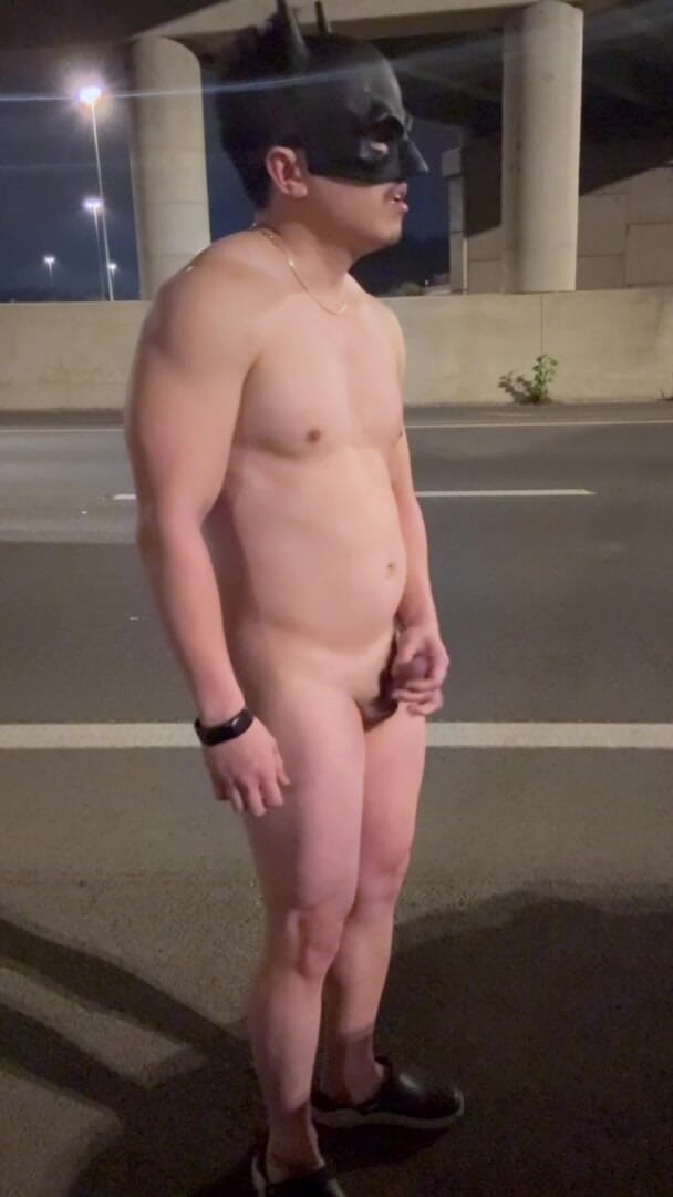 barenakedboy: Highway Bridge Exposure: Asian Muscle Hunk Flexes Bare Naked, Dangles...