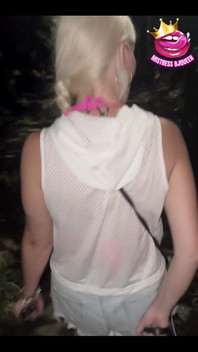 Late Night Stroll with My Locked Chastity Subs Caged Cock Exposed and on a Leash