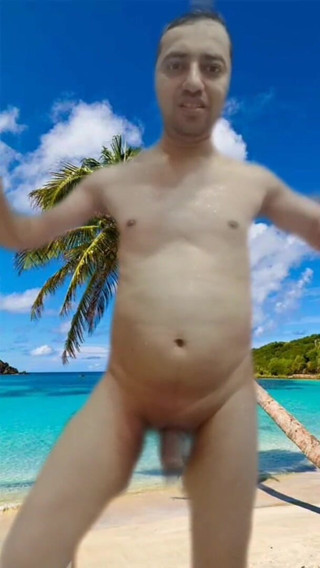 Cute & Nude Crossdresser: Nude boy on the virtual beach in AR Reels.