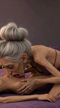 Extremely Skinny Old Woman Licks a Skinny Young Woman's Pussy