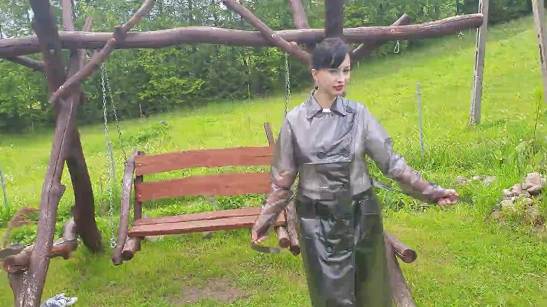 Wanilianna: Raincoat, nylons and bra with open nipples
