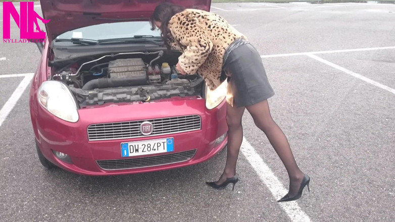 Nyllady: Sexy Speedy Driving in Patent Black Pumps and Seamed Black...