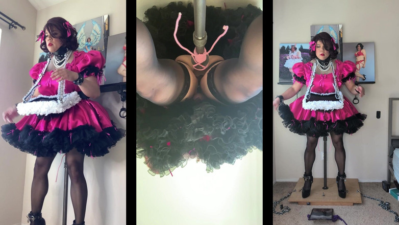 Sissy Candy: Sissy Maid with Her Serving Tray Riding Her Dildo Stand