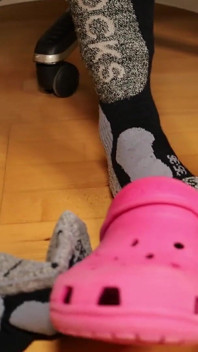 Gray Leggings, Pink Clogs, Ski Socks & Barefoot Under Desk